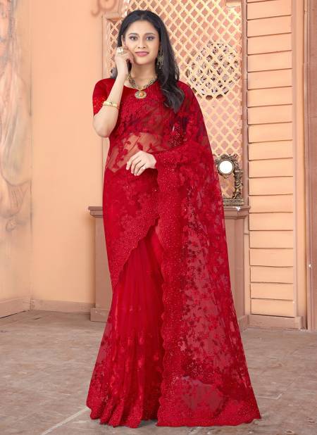Red Colour Utsav Nari GARLIC Designer Party Wear Net Heavy Embroidery Work With Moti And Stone Work Saree Collection 933